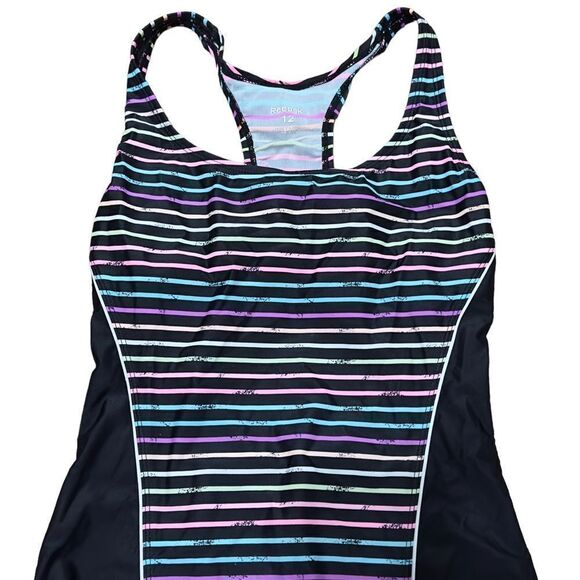 Reebok Swim Colorful Dimension Stripe & Black One-Piece Swimsuit Size 12 - Picture 4 of 13